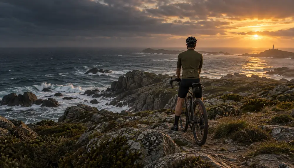 Ciclista frente al Atlántico al atardecer en la costa gallega